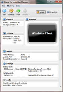 Windows 8 under Virtual Box settings